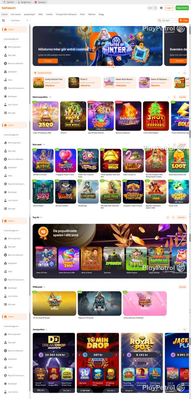 Capture of the front page of betsson.com (betsson.com) on 20 October 2026