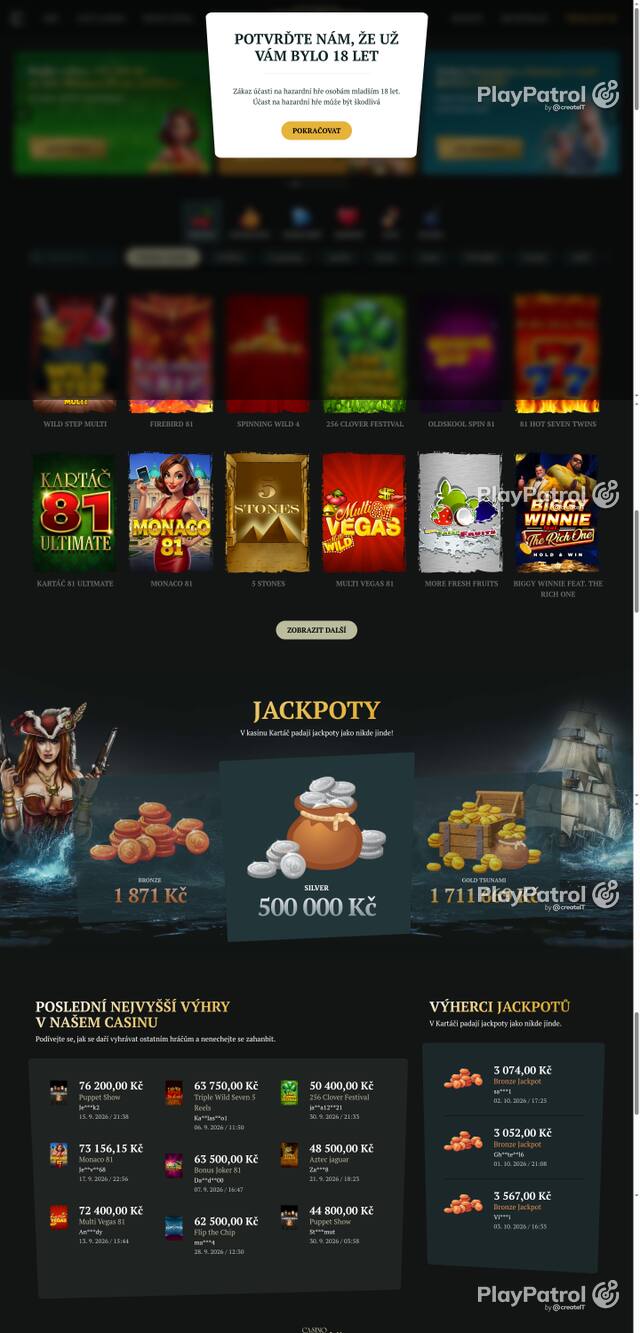 Capture of the front page of Casino Kartac (casino-kartac.cz) on 6 October 2026