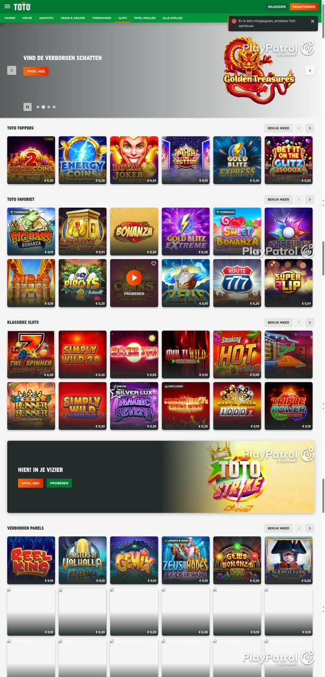 Capture of the front page of TOTO Casino (casino.toto.nl) on 11 October 2026