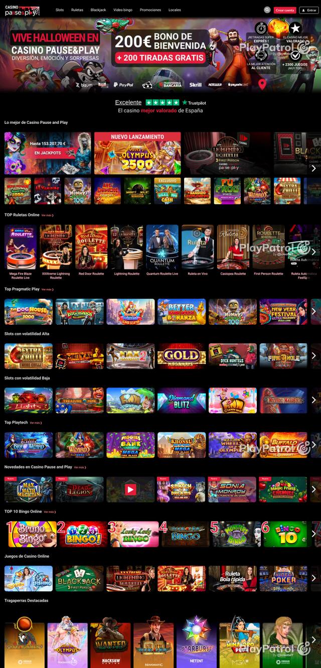 Front page of Casino Pause and Play as captured on 29 October 2026