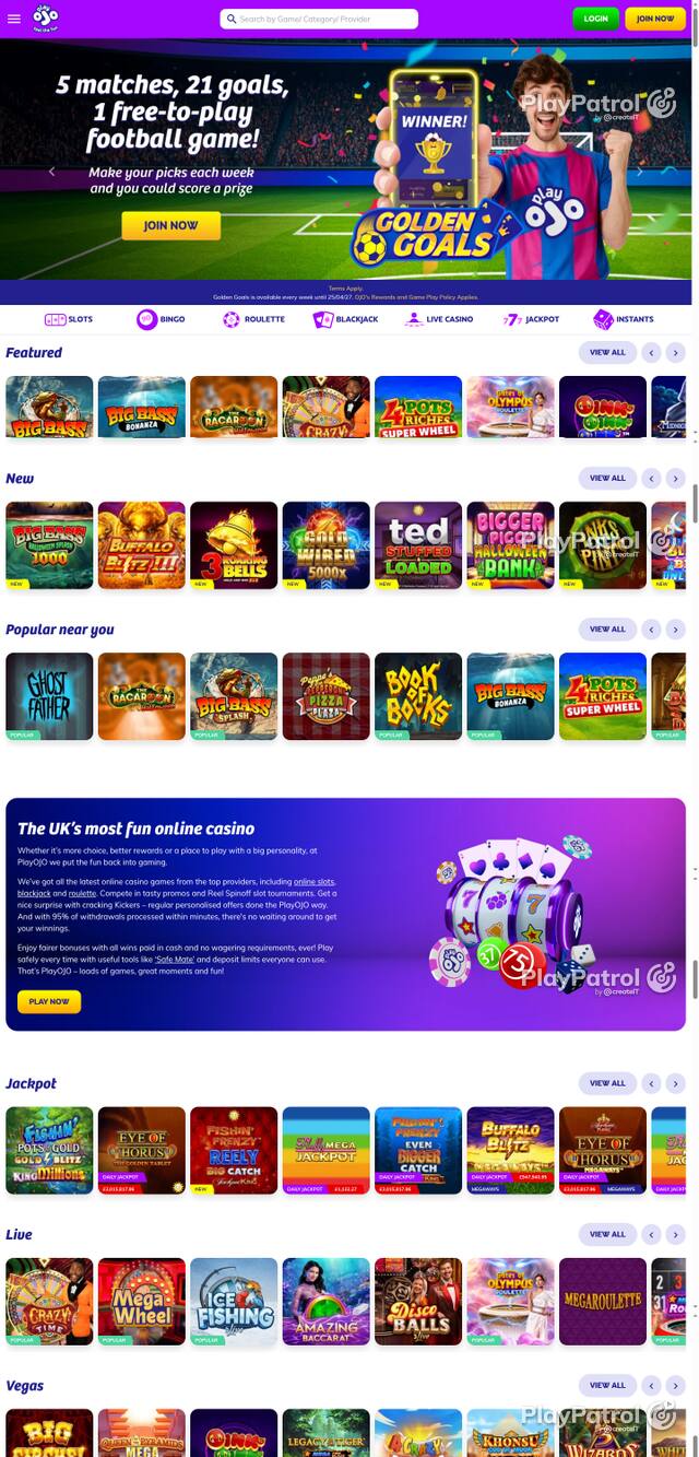 Capture of the front page of PlayOJO (playojo.com) on 24 October 2026
