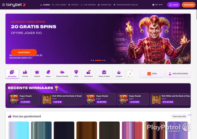 Capture of the front page of TonyBet (tonybet.nl) on 9 October 2026