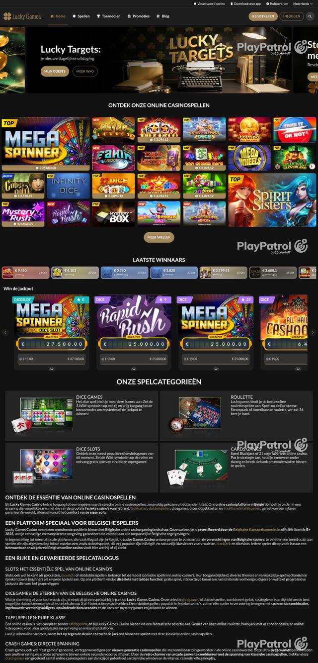 Capture of the front page of luckygames.be (luckygames.be) on 26 October 2026