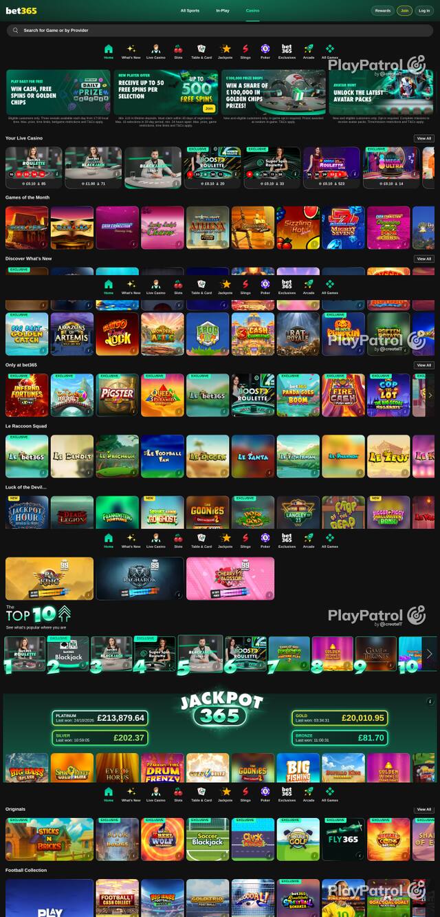 Capture of the front page of bet365 Casino (casino.bet365.com) on 25 October 2026
