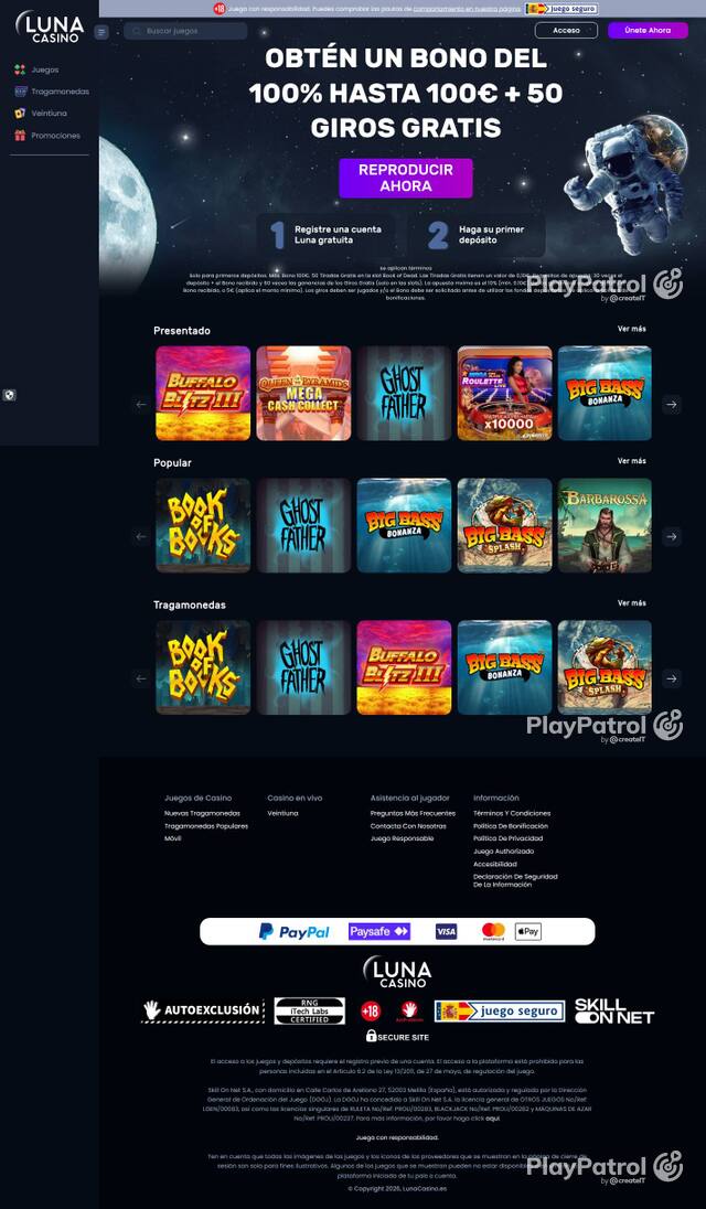 Homepage capture of Luna Casino recorded during the scan