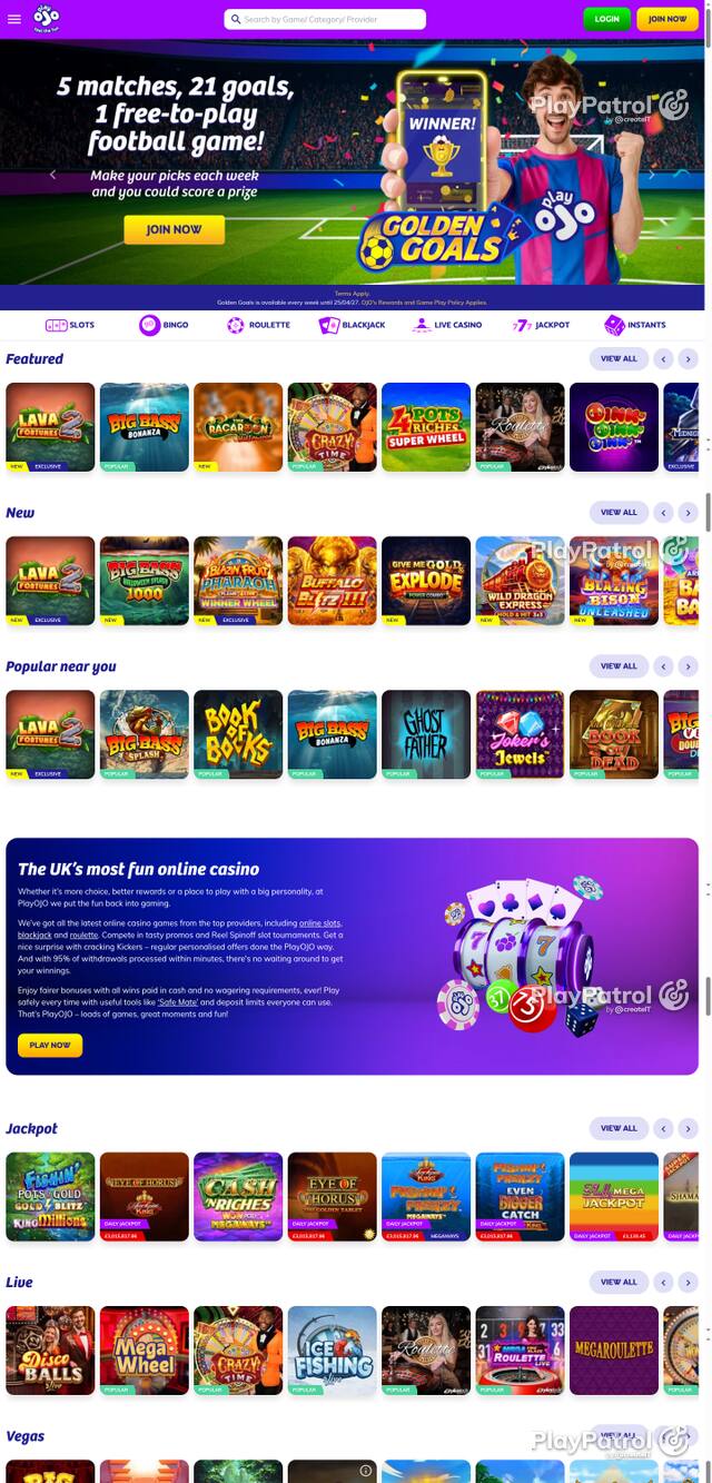 Capture of the front page of PlayOJO (playojo.com) on 21 October 2026