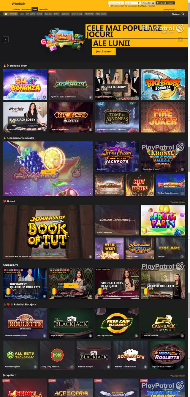 Capture of the front page of Betfair (vegas.betfair.ro) on 27 October 2026