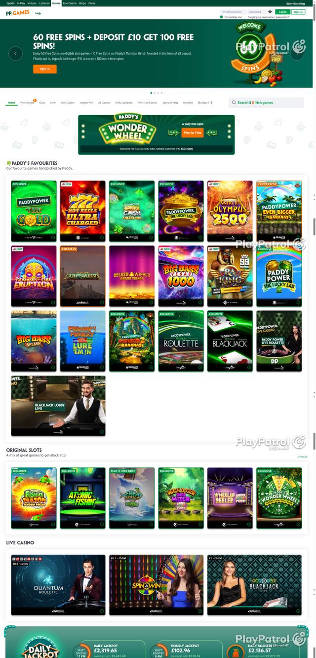 Capture of the front page of Paddy Power Games (games.paddypower.com) on 6 October 2026