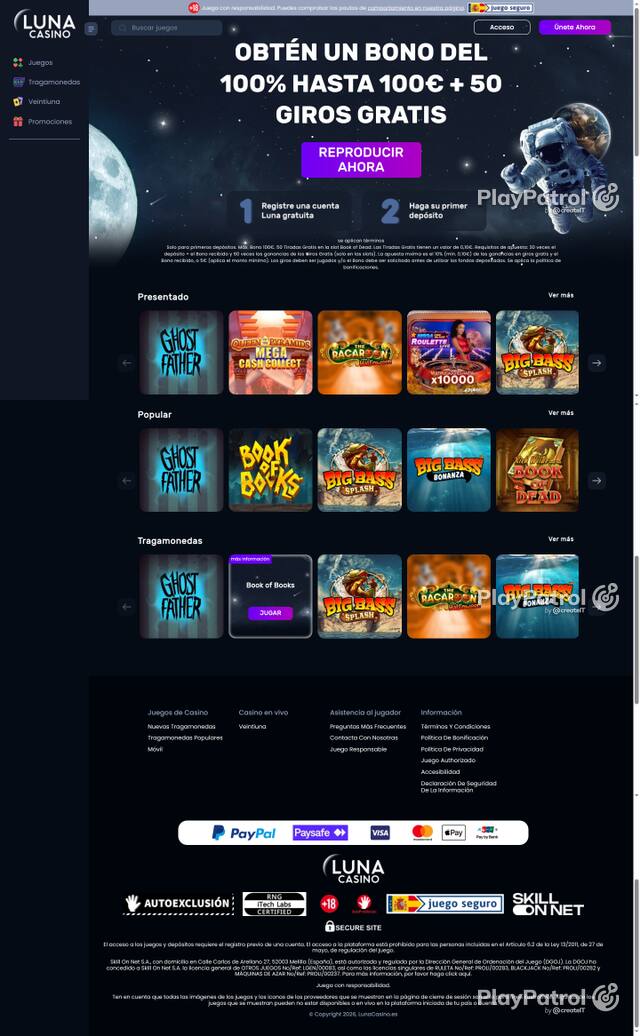 Capture of the front page of Luna Casino (lunacasino.es) on 29 October 2026