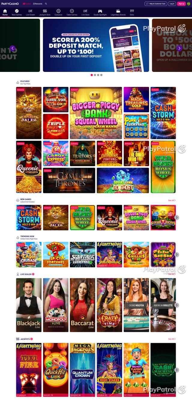 Capture of the front page of nj.partycasino.com (nj.partycasino.com) on 24 October 2026