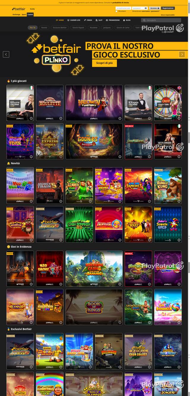 Capture of the front page of Betfair (casino.betfair.it) on 7 October 2026