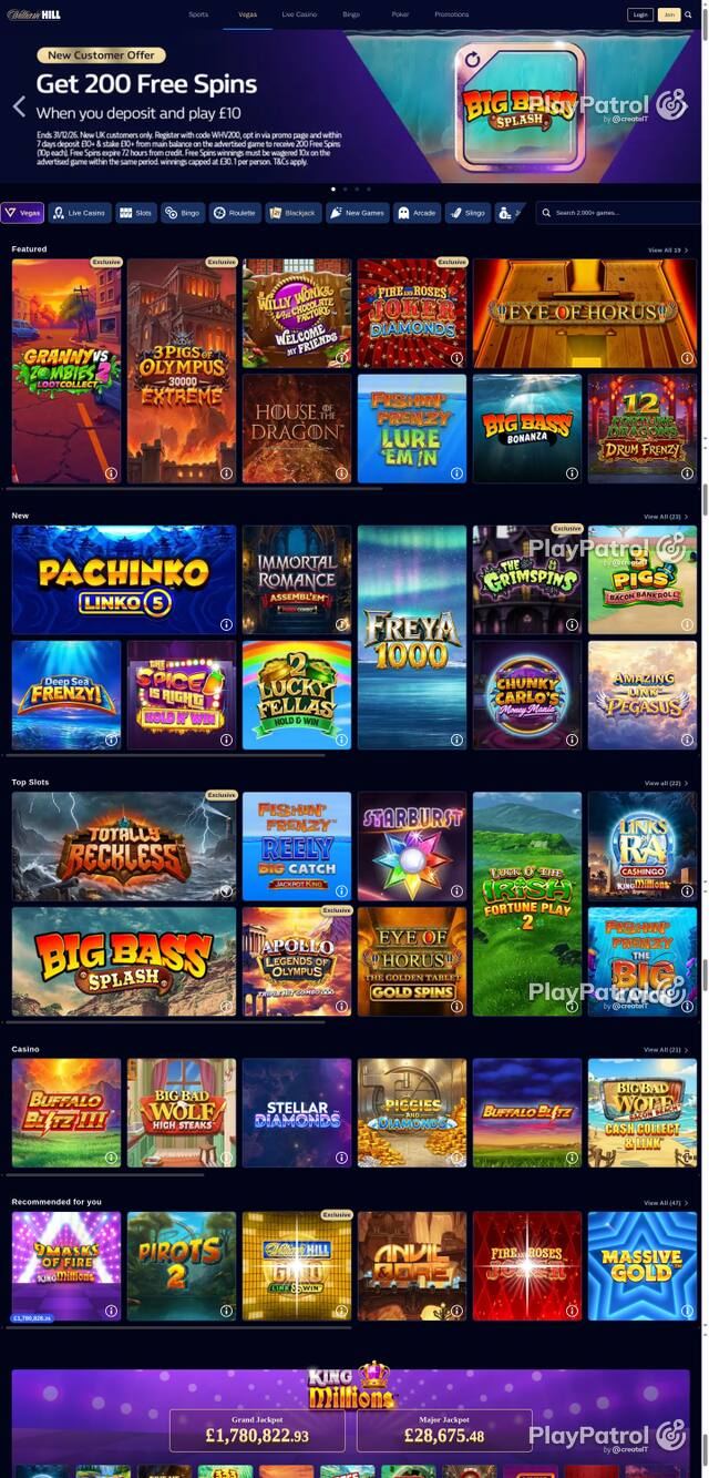 Capture of the front page of William Hill (vegas.williamhill.com) on 6 October 2026