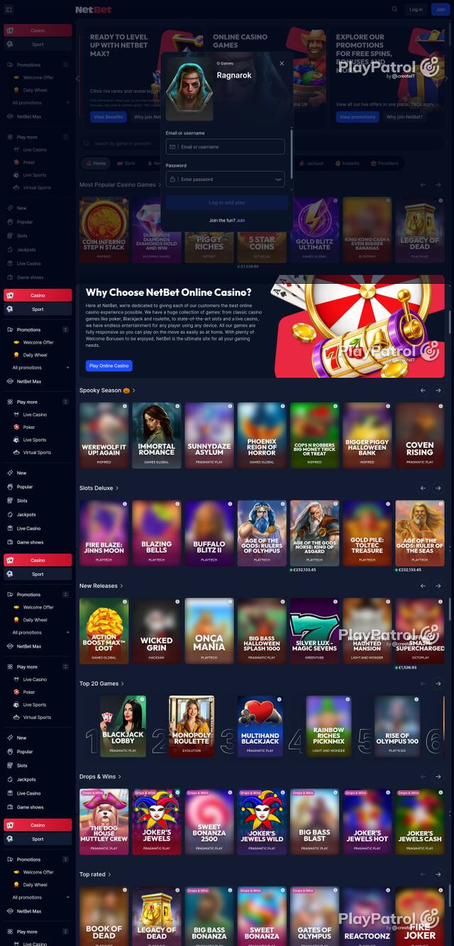 Capture of the front page of NetBet Casino (netbet.co.uk) on 22 October 2026