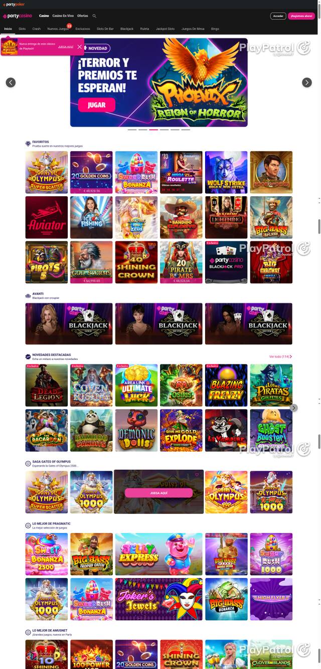 Capture of the front page of PartyCasino (partycasino.es) on 10 October 2026
