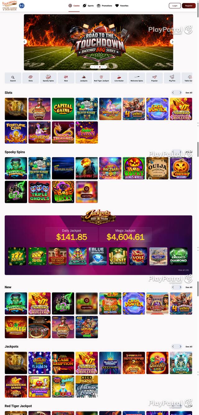 Capture of the front page of play.fourwindscasino.com (play.fourwindscasino.com) on 27 October 2026