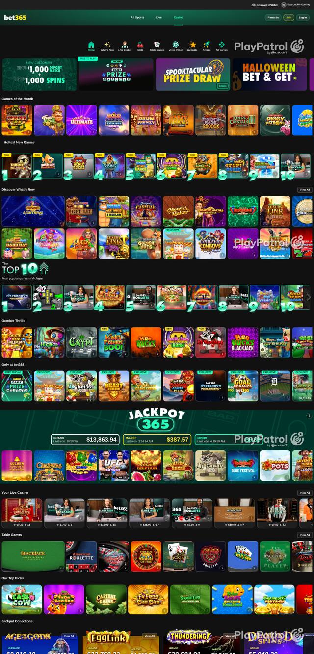 Capture of the front page of casino.mi.bet365.com (casino.mi.bet365.com) on 30 October 2026