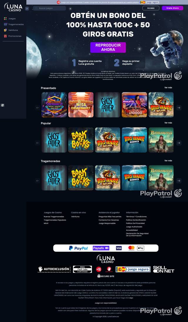 Homepage capture of Luna Casino recorded during the scan