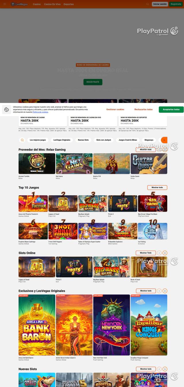 Capture of the front page of LeoVegas (leovegas.es) on 3 October 2026