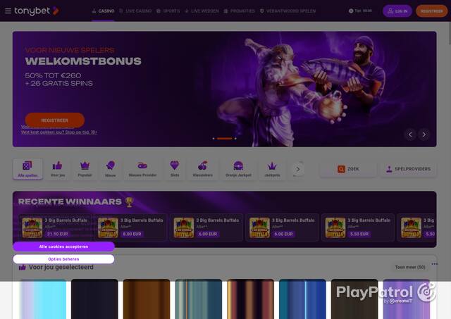Capture of the front page of TonyBet (tonybet.nl) on 16 October 2026