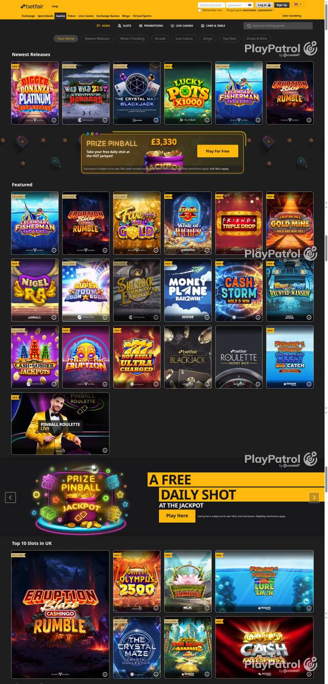 Capture of the front page of Betfair Casino (casino.betfair.com) on 21 October 2026