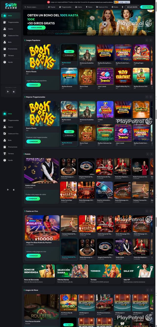 Capture of the front page of Swift Casino (swiftcasino.es) on 21 October 2026