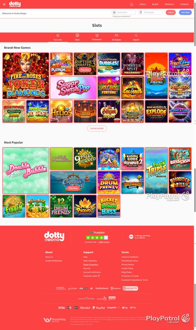 Capture of the front page of Dotty Bingo (dottybingo.com) on 26 October 2026