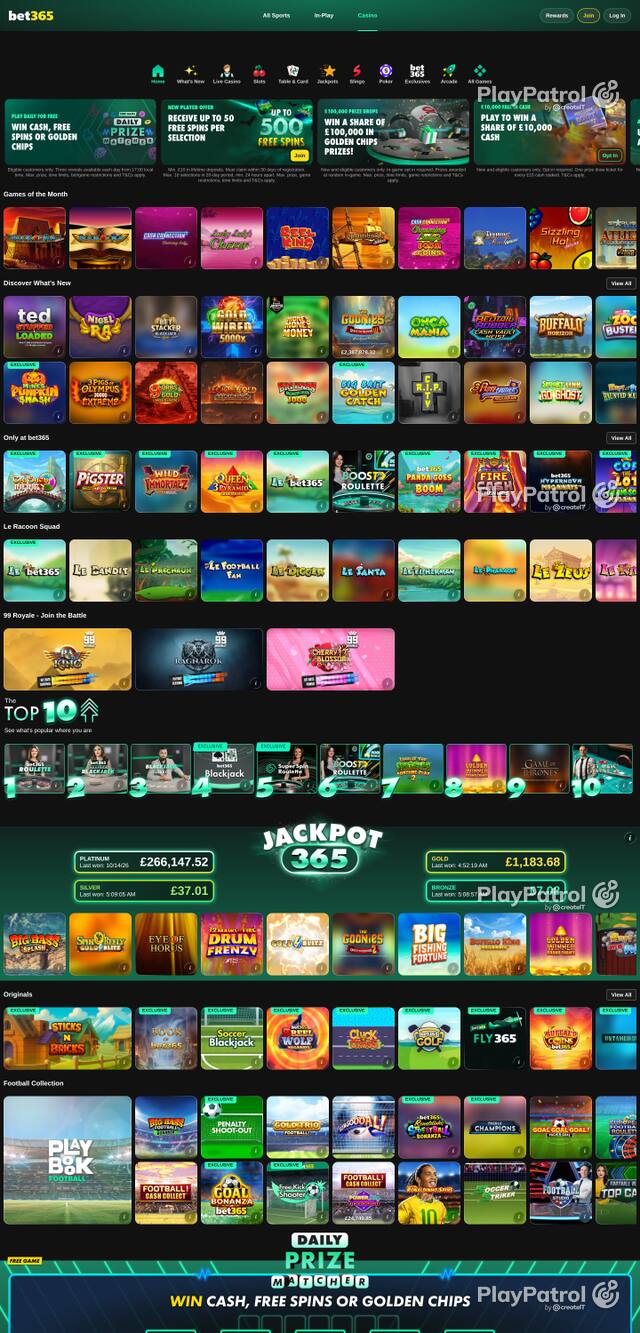 Capture of the front page of bet365 Casino (casino.bet365.com) on 16 October 2026