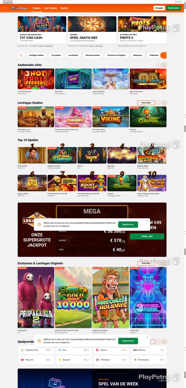 Capture of the front page of LeoVegas Casino Nederland (leovegas.nl) on 19 October 2026