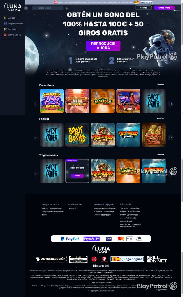 Capture of the front page of Luna Casino (lunacasino.es) on 30 October 2026