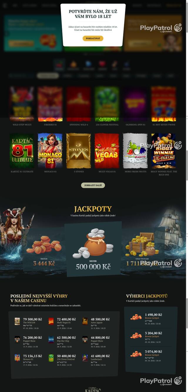 Capture of the front page of Casino Kartac (casino-kartac.cz) on 9 October 2026