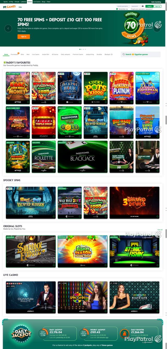 Capture of the front page of Paddy Power Games (games.paddypower.com) on 26 October 2026