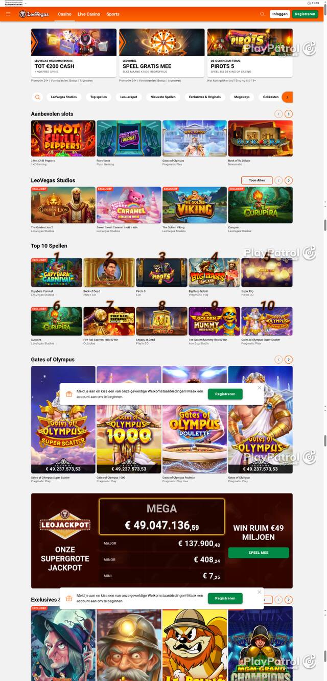 Capture of the front page of LeoVegas Casino Nederland (leovegas.nl) on 13 October 2026