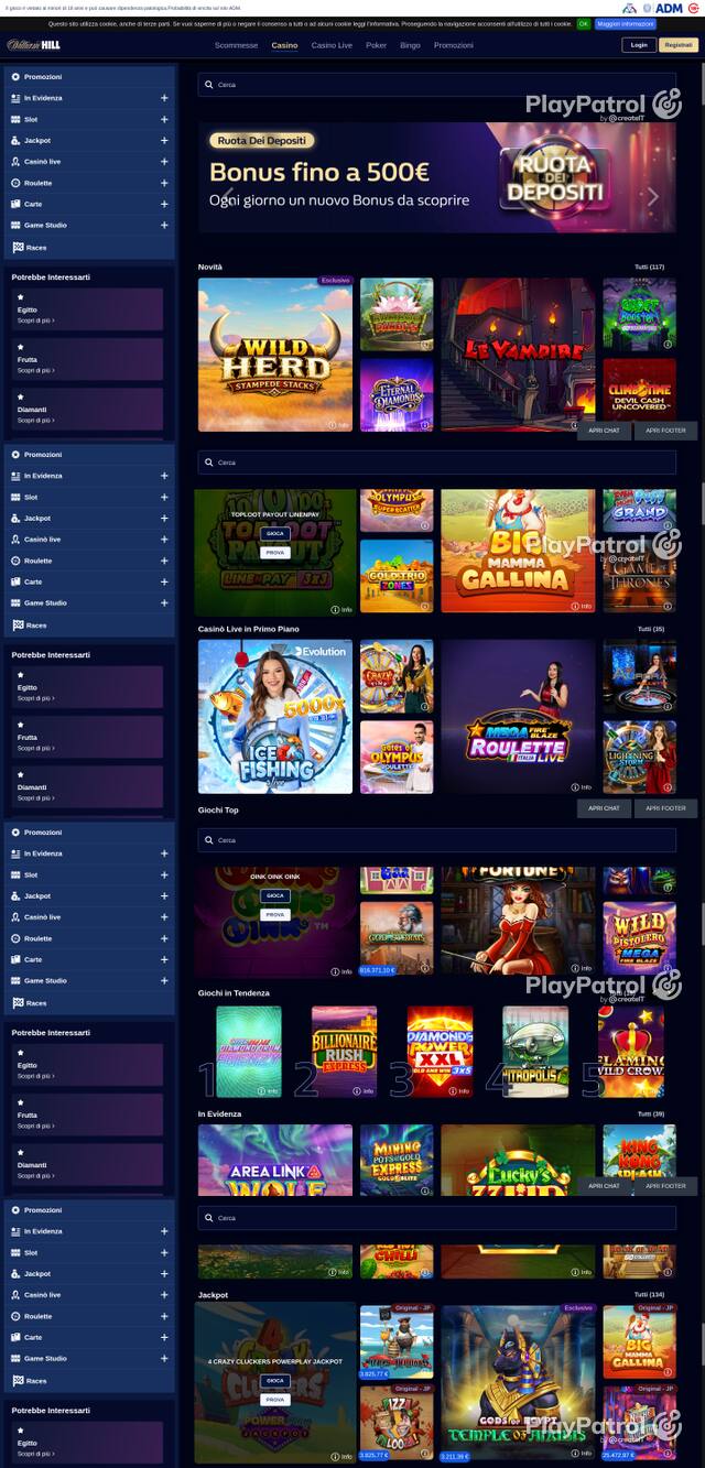 Capture of the front page of William Hill (casino.williamhill.it) on 12 October 2026