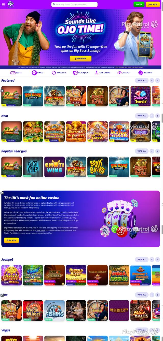 Capture of the front page of PlayOJO (playojo.com) on 14 October 2026