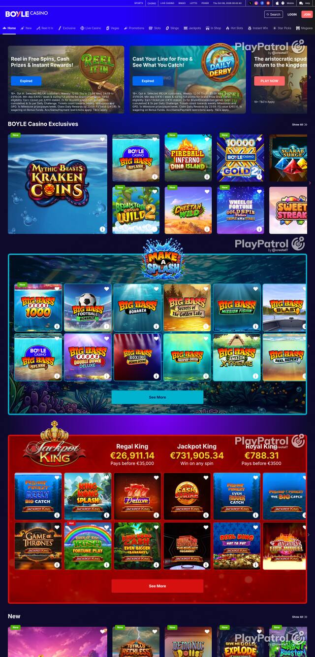 Capture of the front page of BoyleSports Casino (games.boylesports.com) on 8 October 2026