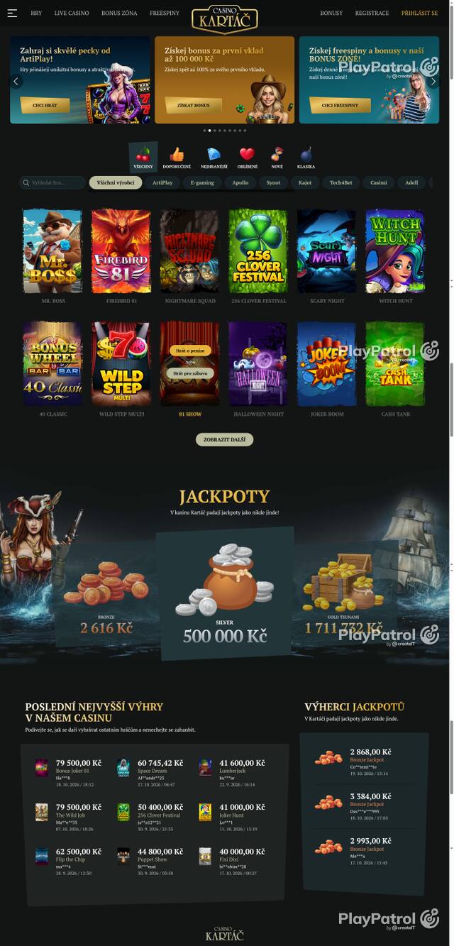 Capture of the front page of Casino Kartac (casino-kartac.cz) on 22 October 2026