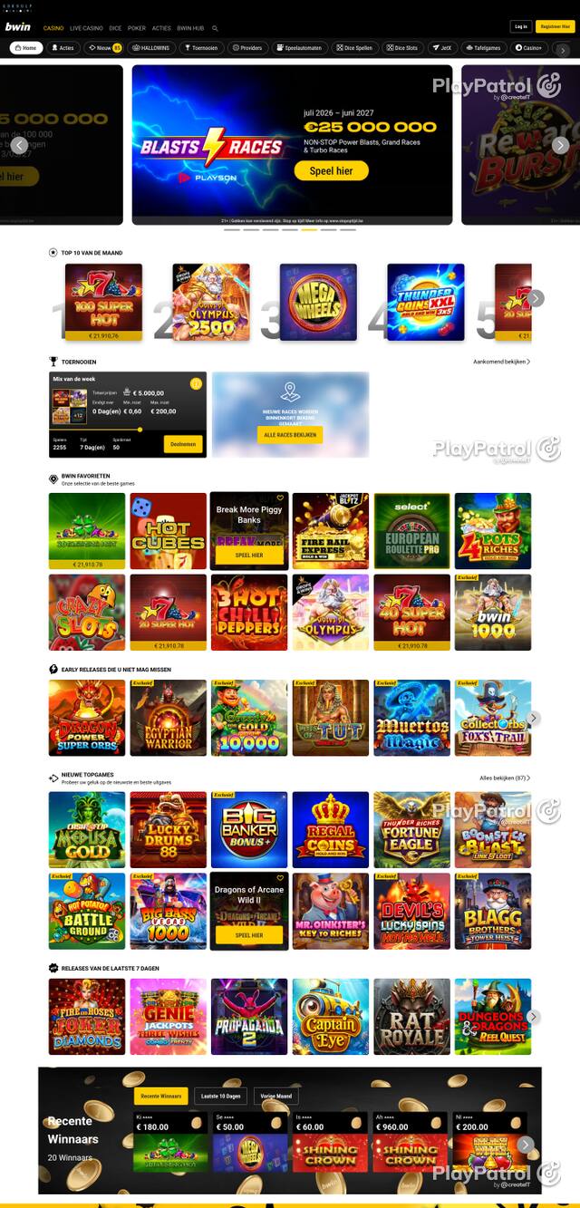 Capture of the front page of bwincasino.be (bwincasino.be) on 22 October 2026