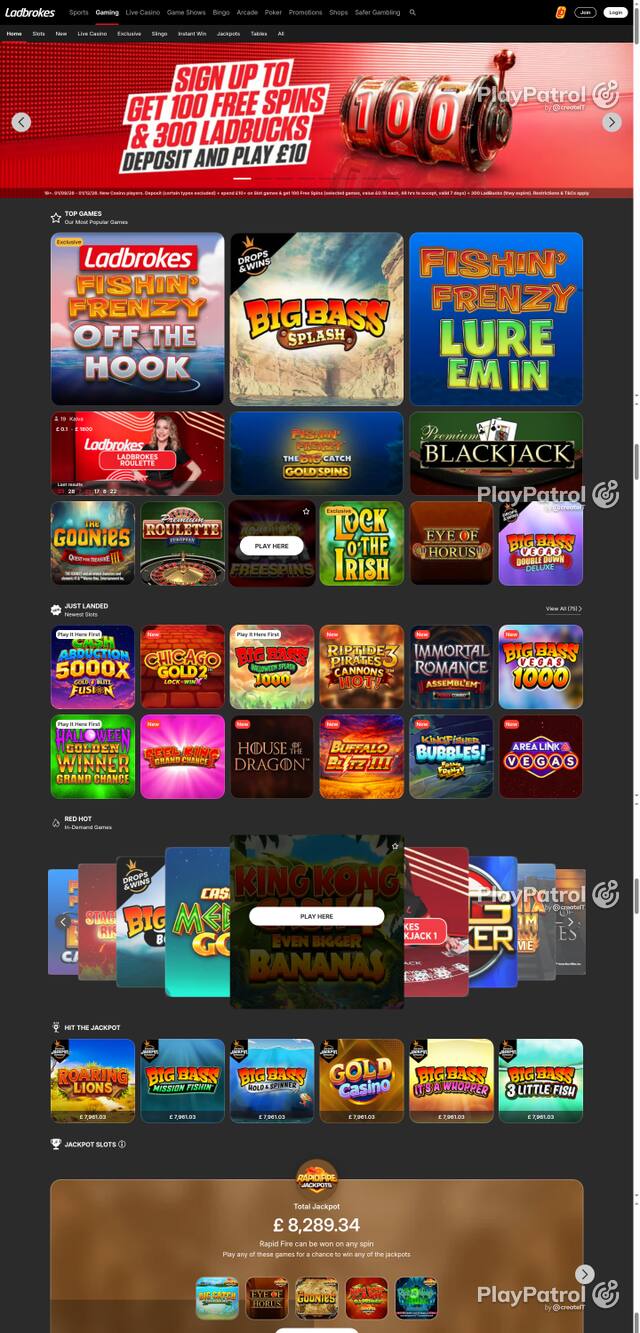 Capture of the front page of Ladbrokes (casino.ladbrokes.com) on 6 October 2026