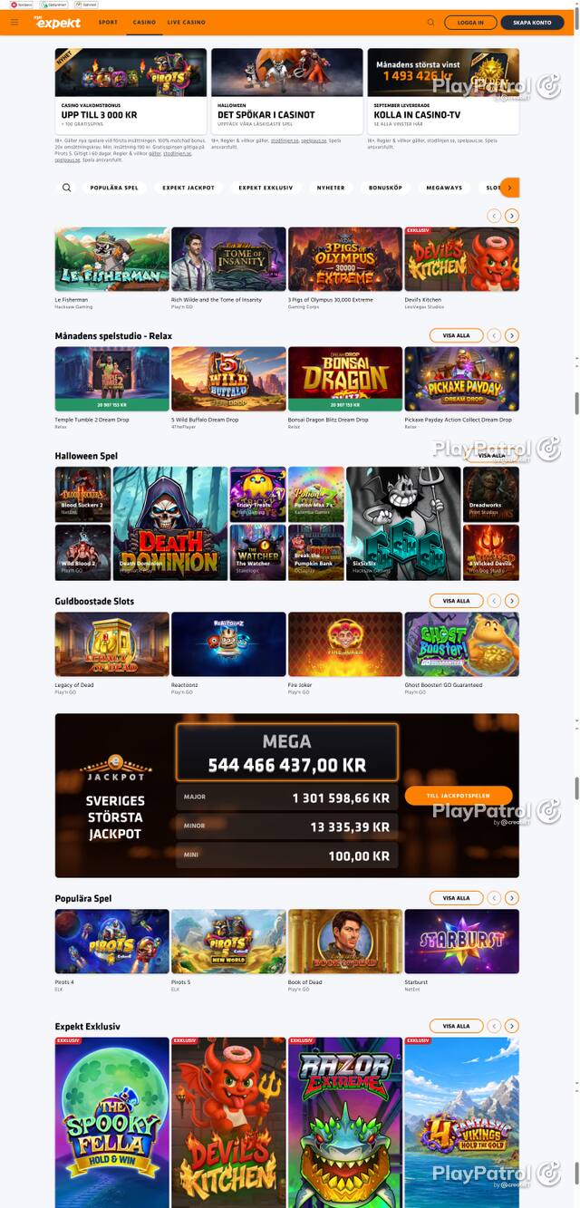 Front page of expekt.se as captured on 26 October 2026