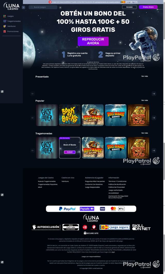 Capture of the front page of Luna Casino (lunacasino.es) on 10 October 2026
