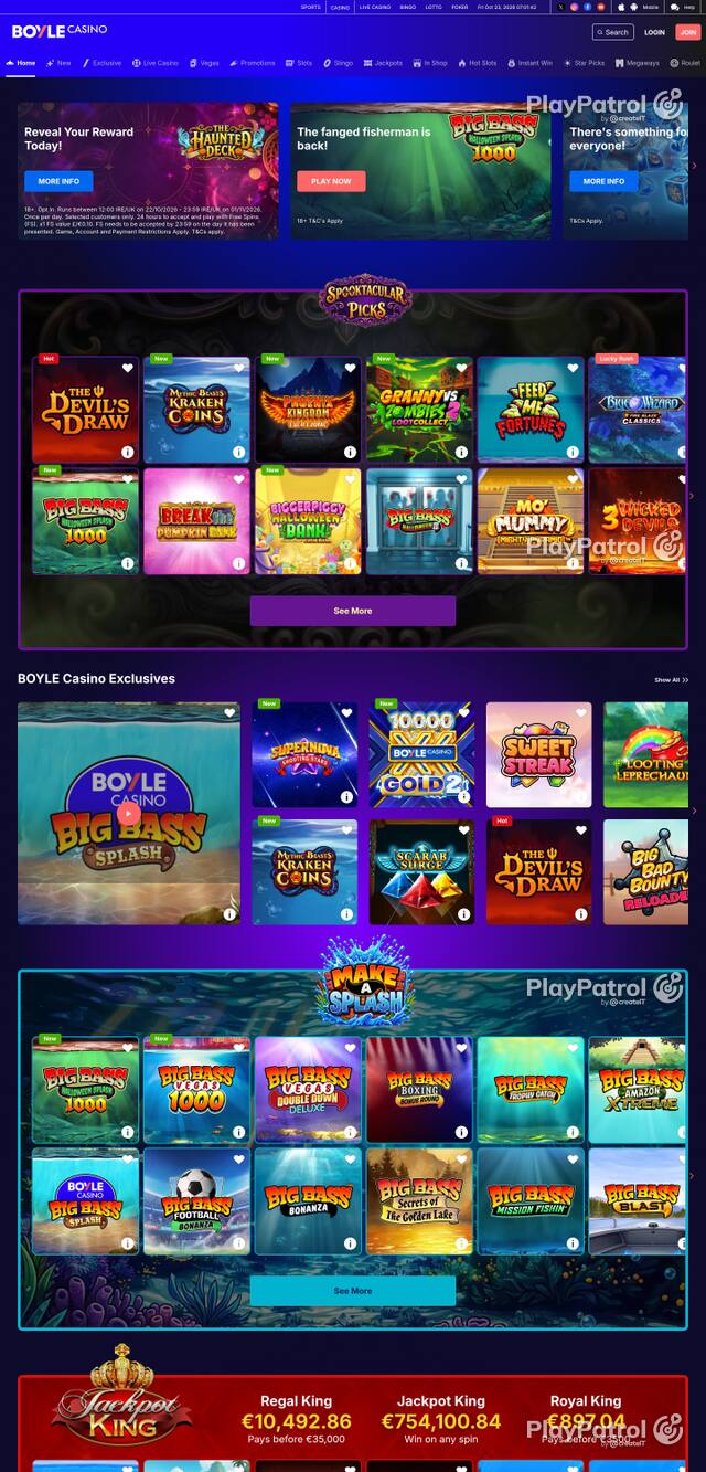 Capture of the front page of BoyleSports Casino (games.boylesports.com) on 23 October 2026