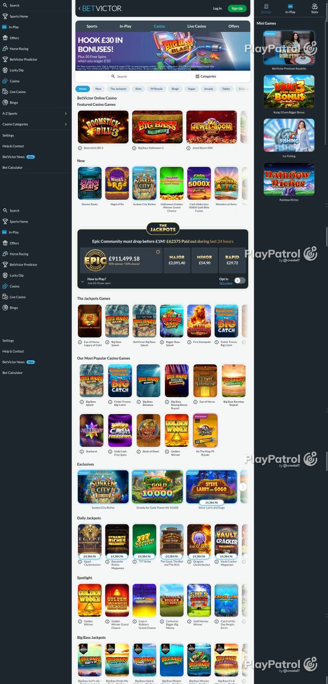 Capture of the front page of BetVictor Casino (betvictor.com) on 20 October 2026
