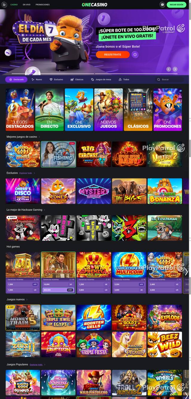 Capture of the front page of One Casino (onecasino.es) on 7 October 2026