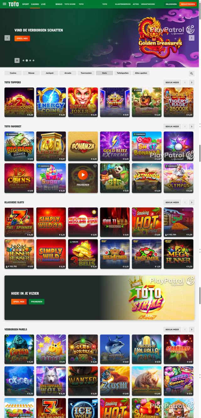 Capture of the front page of TOTO Casino (casino.toto.nl) on 24 October 2026