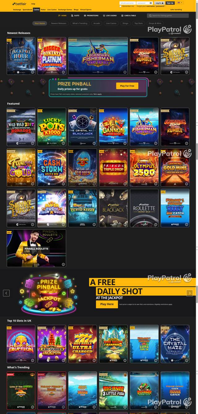 Capture of the front page of Betfair Casino (casino.betfair.com) on 26 October 2026