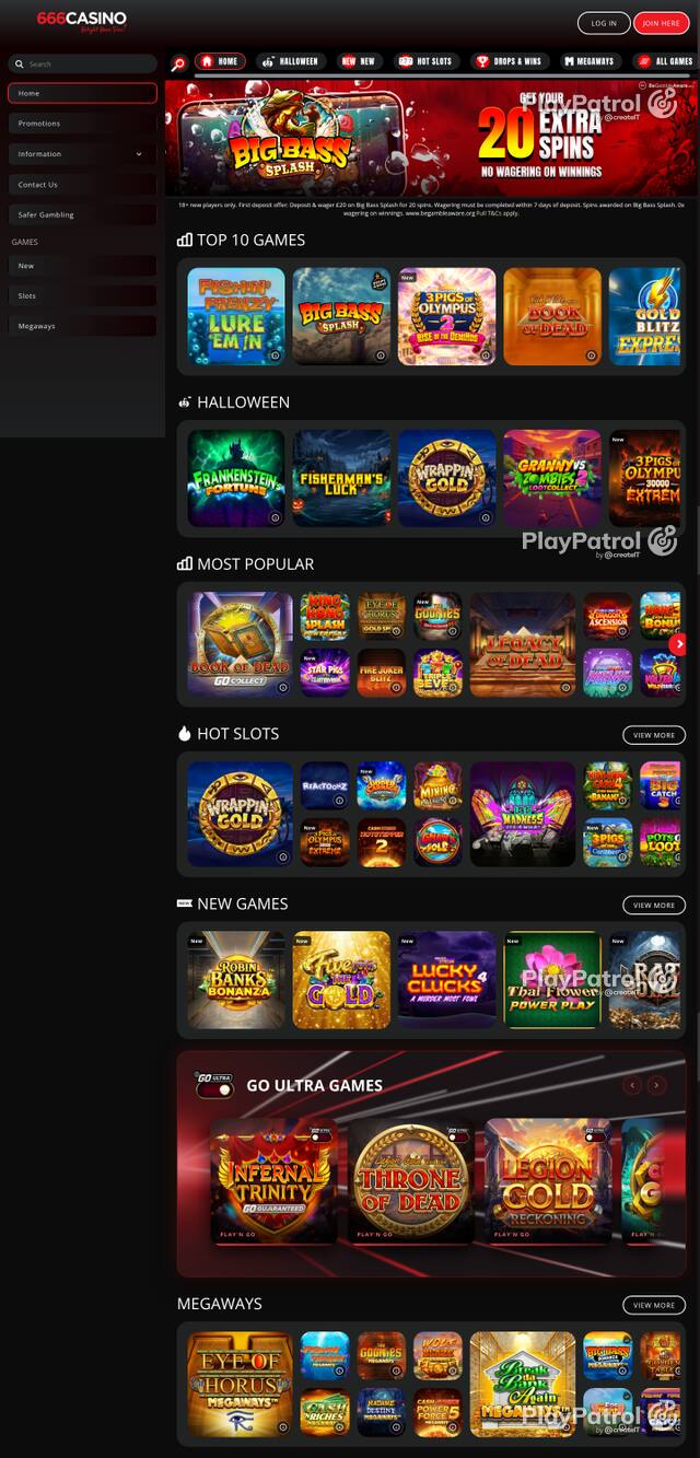 Front page of 666 Casino as captured on 29 October 2026
