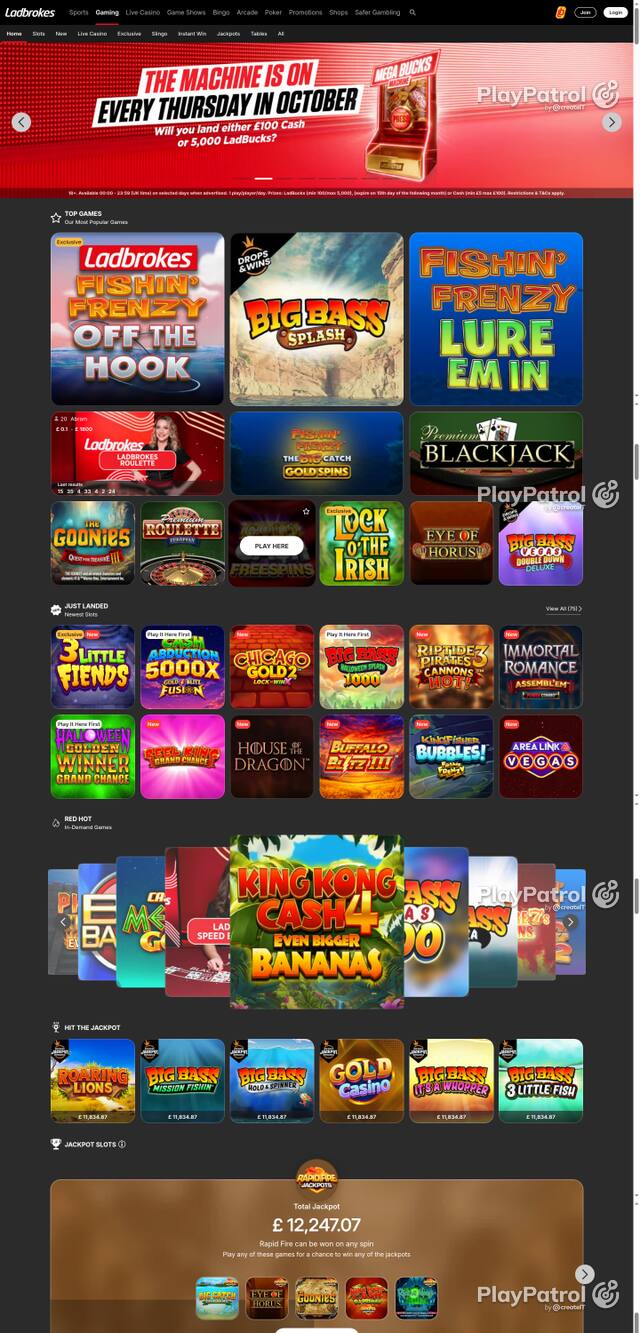 Capture of the front page of Ladbrokes (casino.ladbrokes.com) on 7 October 2026