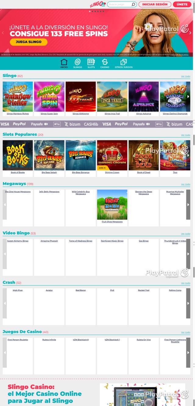 Capture of the front page of Slingo Casino (slingocasino.es) on 10 October 2026