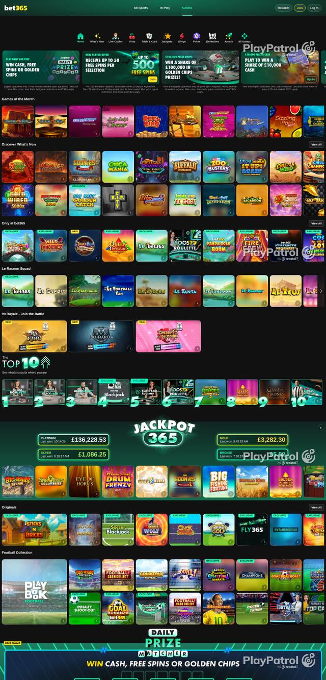 Capture of the front page of bet365 Casino (casino.bet365.com) on 15 October 2026