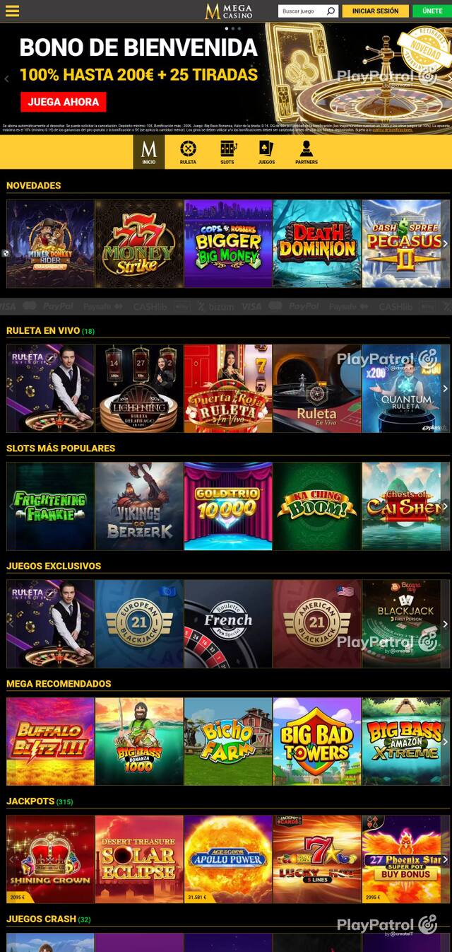Homepage capture of Mega Casinos recorded during the scan